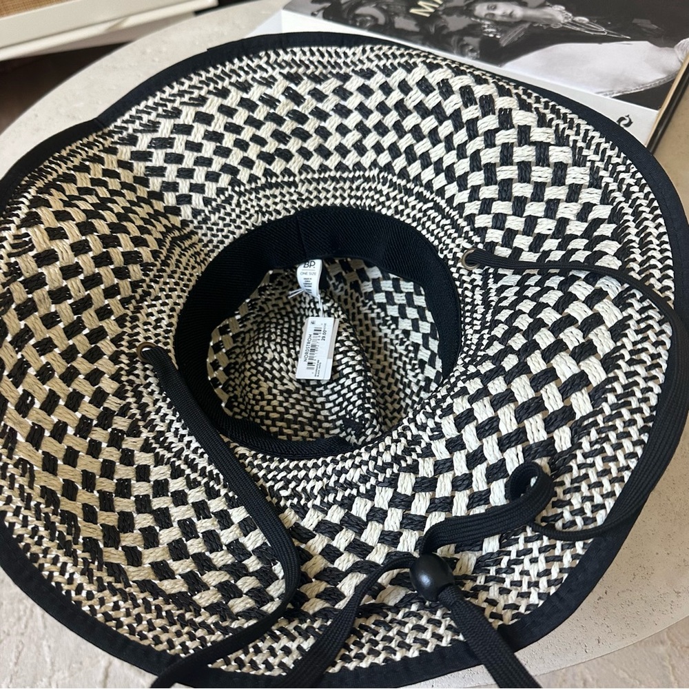 NWT BP straw sun hat black white with black chin tie resortwear beach - Picture 3 of 5